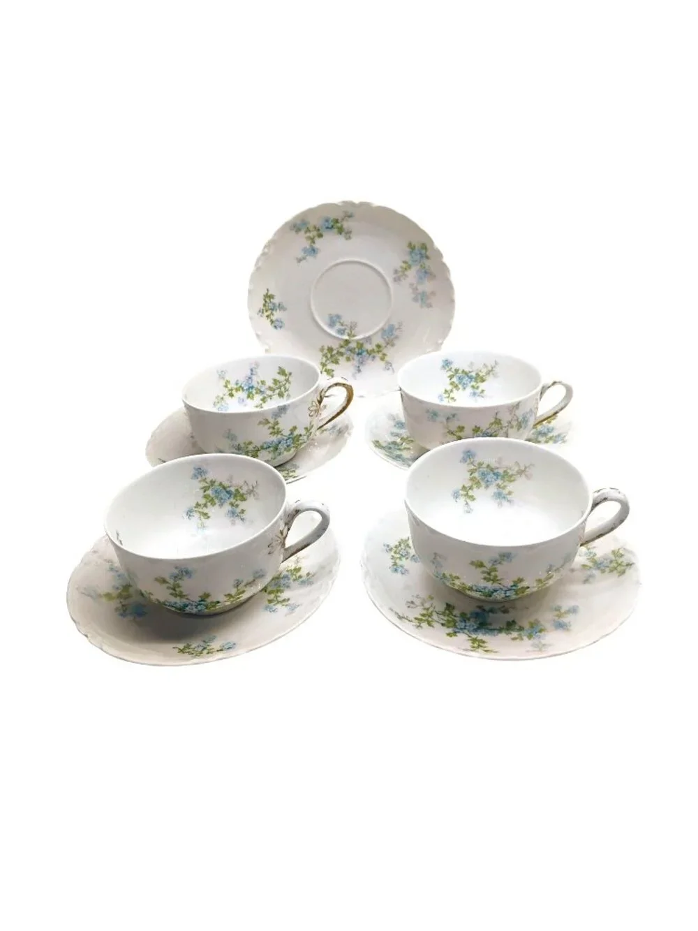 Antique Haviland Limoges Blue Pink Forget Me Not Cup & Saucer Set of 4